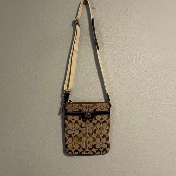 Coach Crossbody Bag Women Adjustable Signature Canvas Full Zip Leather Trim READ - Picture 2 of 12